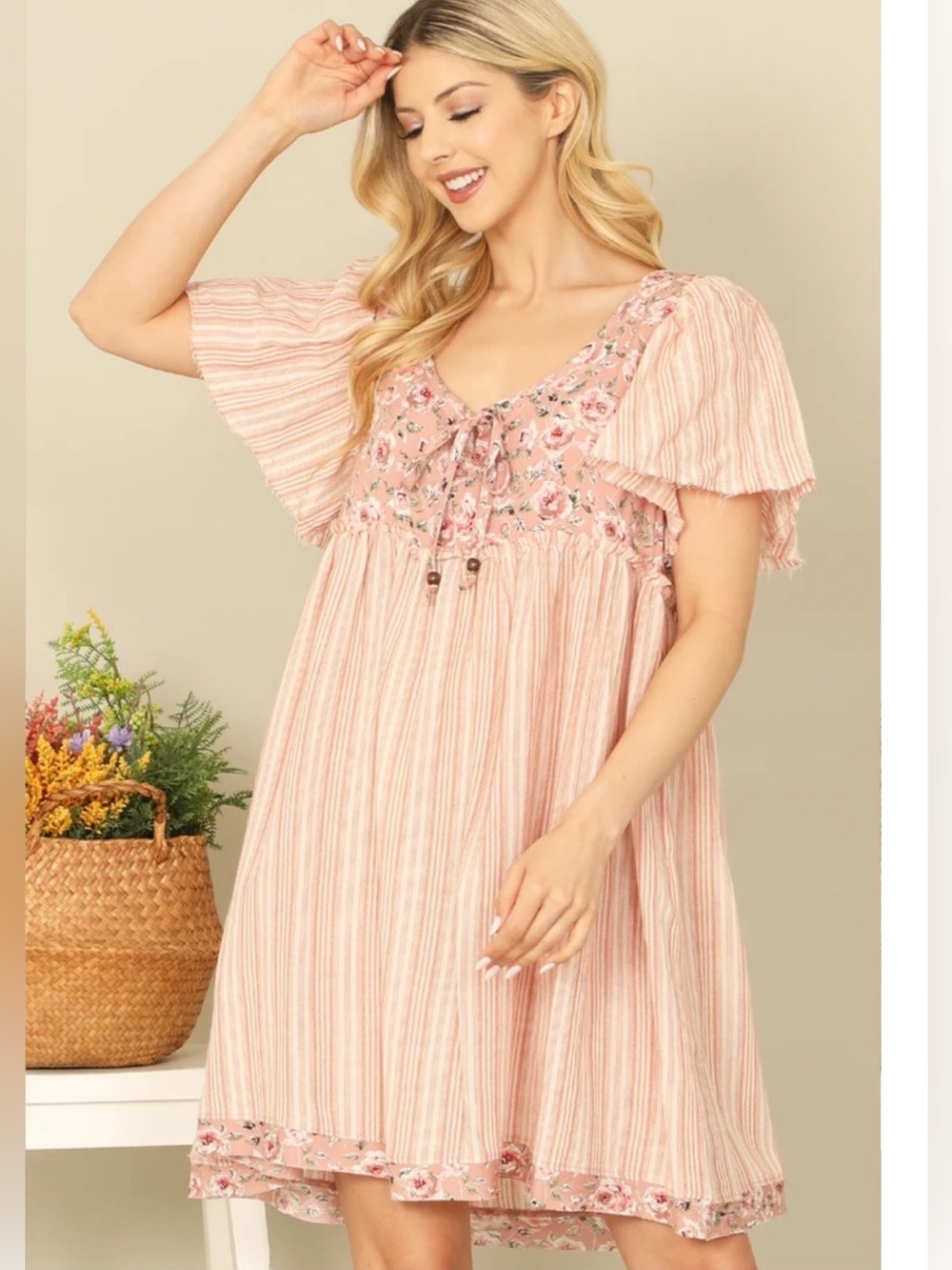 NWT Bad Little Country Girl Babydoll Floral Striped Dress Faded Coral Size M